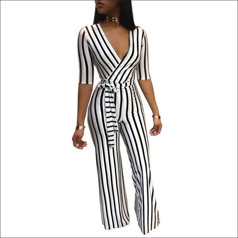 Casual Surplice Sleeve Stripes Print Jumpsuits - S / Black -