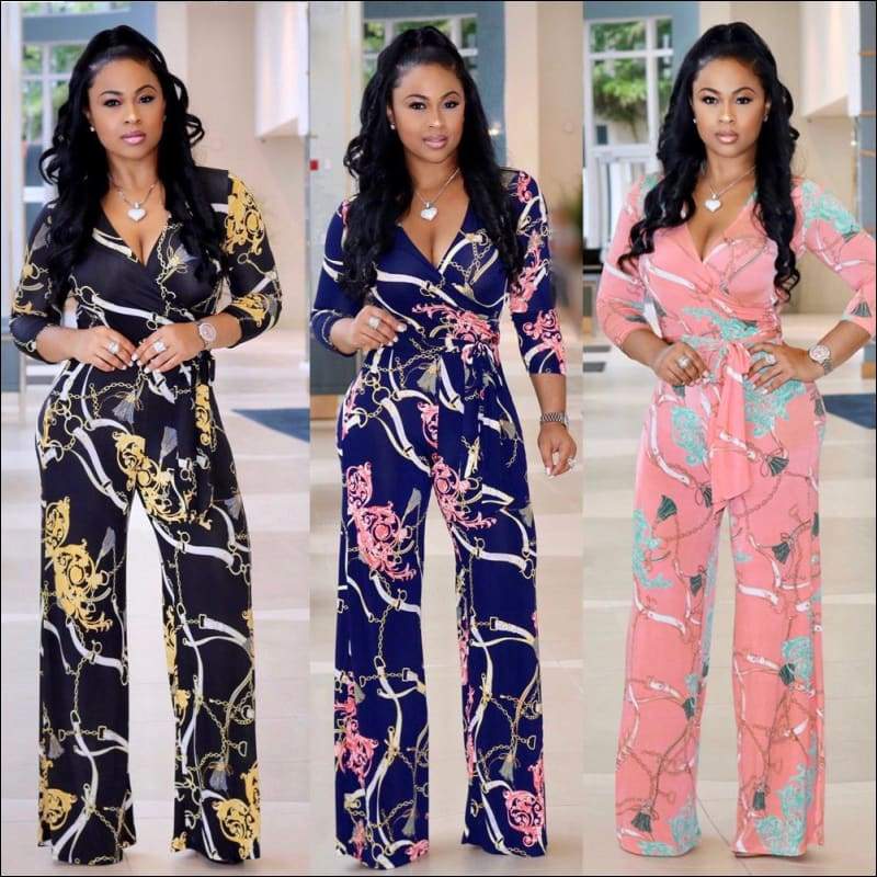 Chain Print V-neck Lace-up Straight - Jumpsuits