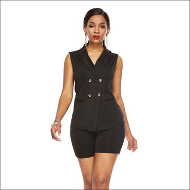 Classic Lapel Double-breasted Sleeveless Solid Color Top Shorts Suit Set