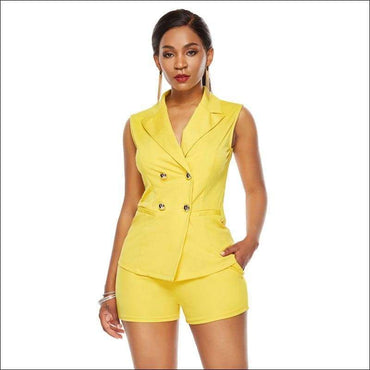 Classic Lapel Double-breasted Sleeveless Solid Color Top Shorts Suit Set