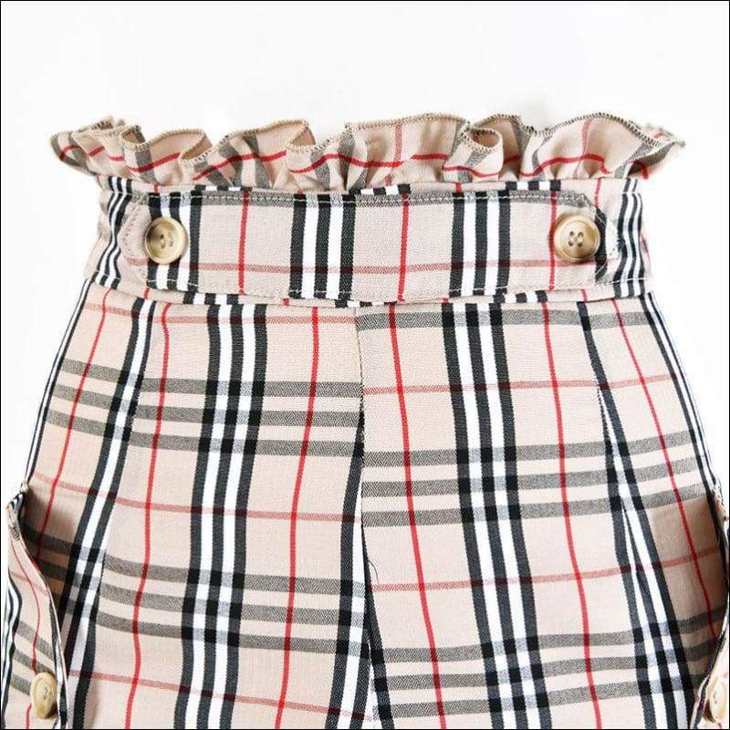 Classic Plaid Print Women Frilled High-waisted Casual Pants 