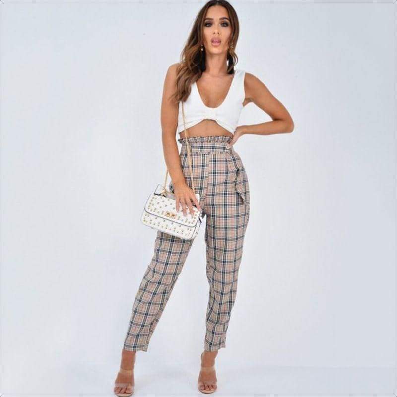 Classic Plaid Print Women Frilled High-waisted Casual Pants 