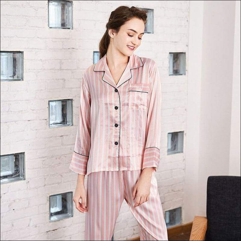 Classic Stripe Print Silk-like Pajamas Set - L / Pink - 