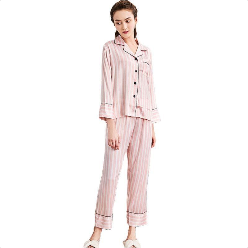 Classic Stripe Print Silk-like Pajamas Set - M / Pink - 