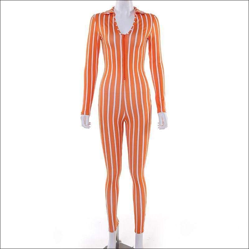Classic Stripes Print Long-sleeve Jumpsuits - S / Orange - 