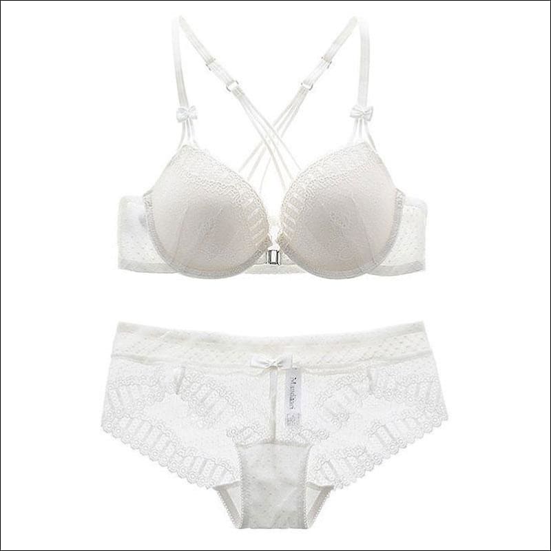 Closure Crossing Design Strap Lace Bra Set - 70A / White - 