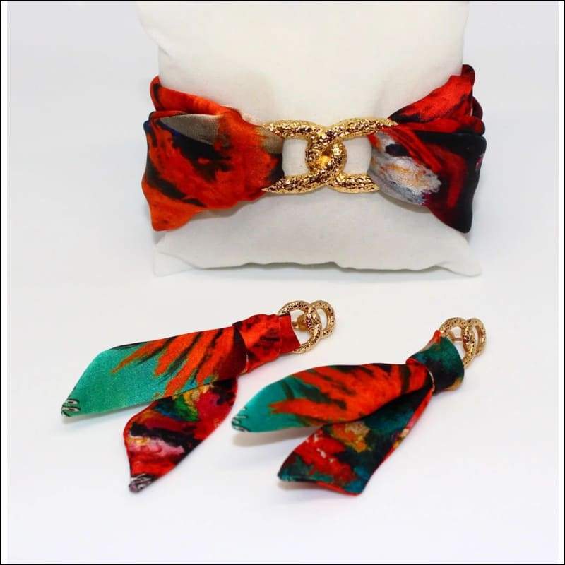 Colorful Corals silk tie earring & bracelet - Earrings