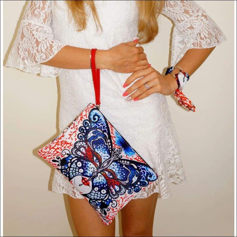 Coral Butterfly clutch bag & silk bracelet - Infinity gold 