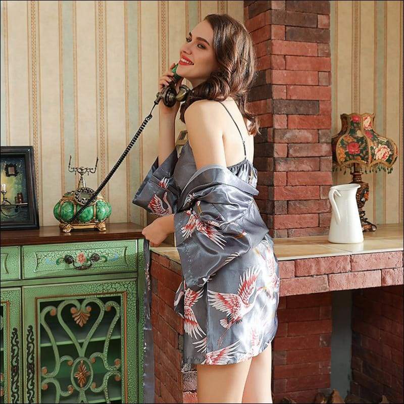 Crane Printing Long-sleeve Night-robe - Lingerie & Sleep