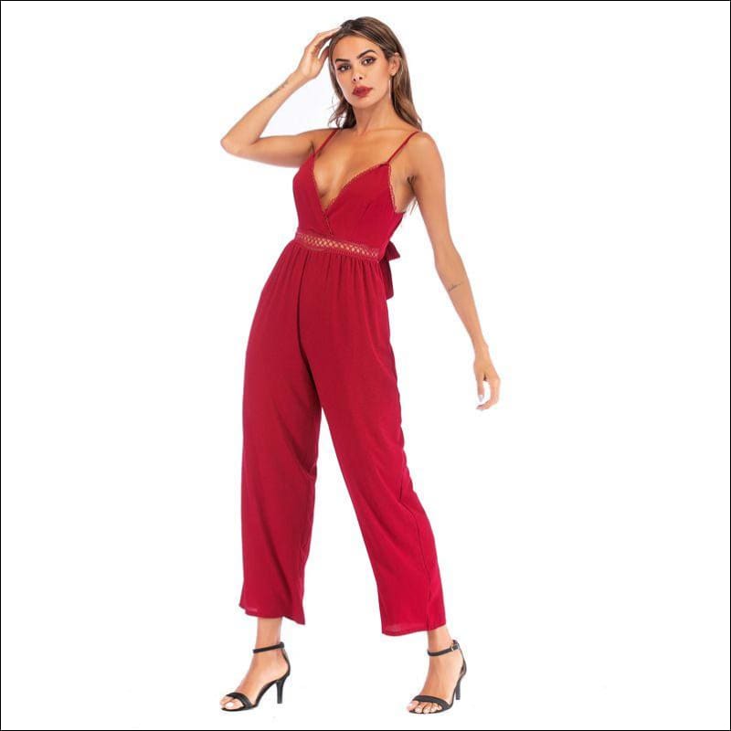 Deep V Neck Defined Waist Strap Jumpsuits - M / Burgundy - 