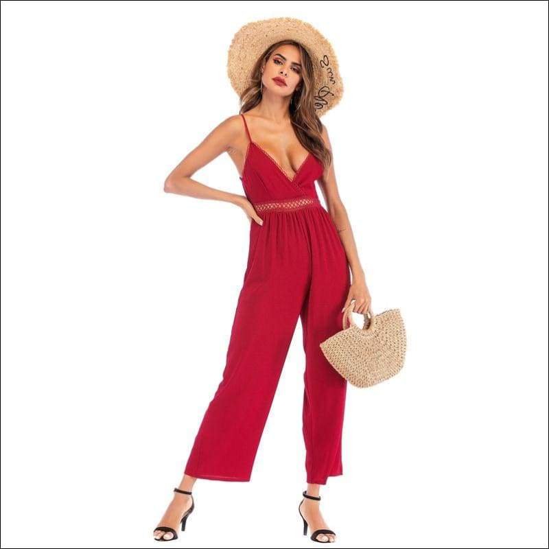 Deep V Neck Defined Waist Strap Jumpsuits - S / Burgundy - 