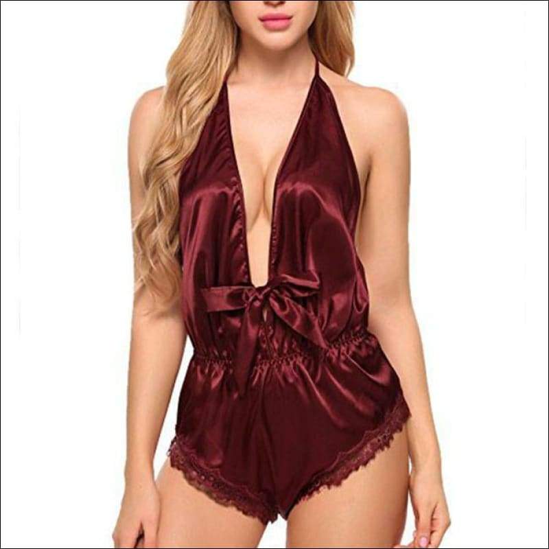 Deep V-Neck One-piece Lace Nightwear - S / Wine Red - 
