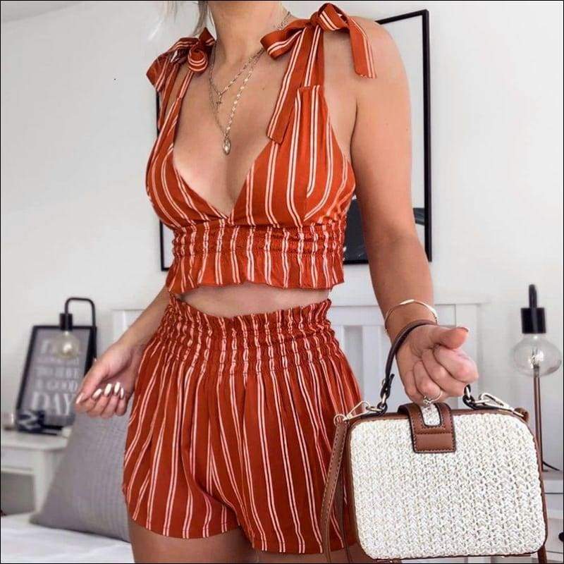 Deep V Neck Stripes Print Cropped Tank Top Ruffled Defined 