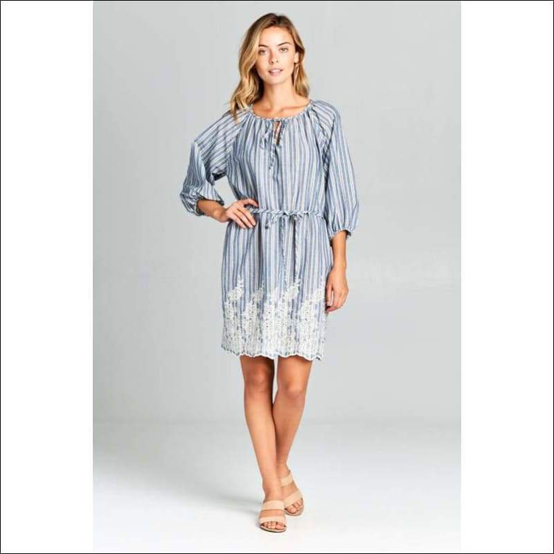 Denim Blue Embroidered Dress with Tie - Dresses