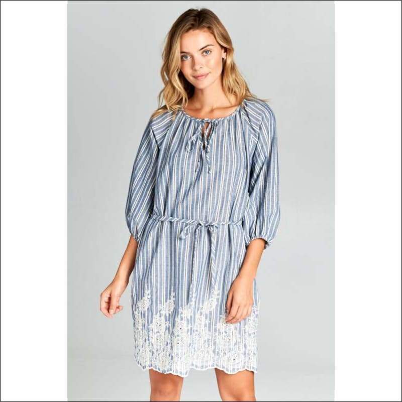 Denim Blue Embroidered Dress with Tie - Dresses