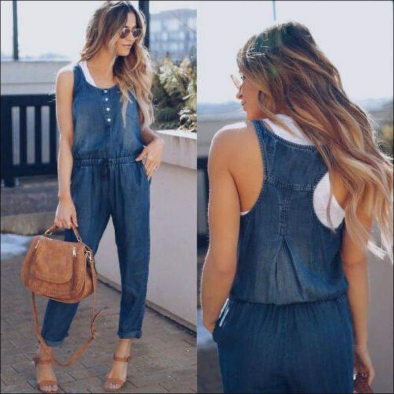 Denim Fabric Casual Tank Pattern Jumpsuits - S / D.Blue - 