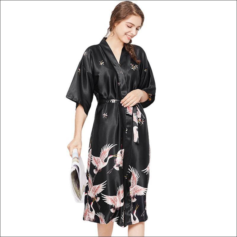 Elegant Floral Printed Night-robe - M / Black - Lingerie & 