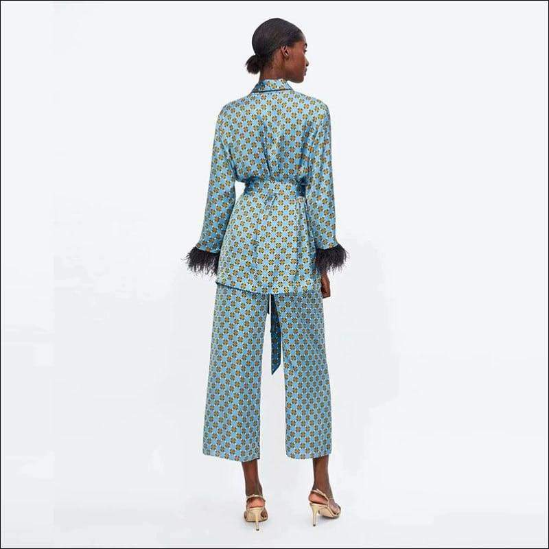 Elegant Geometric Print Lace-up - L / Blue - Sets Co-ords