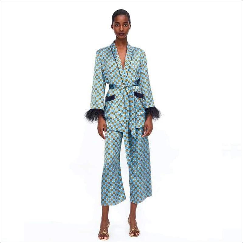 Elegant Geometric Print Lace-up - S / Blue - Sets Co-ords