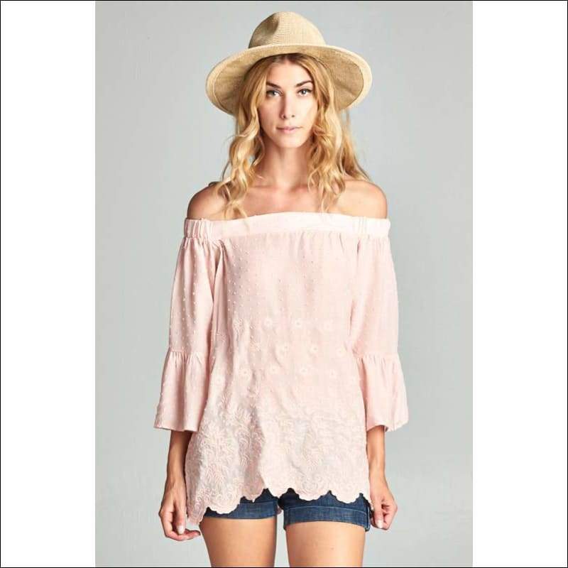 Embroidered Off Shoulder with Bell Sleeve - Tops & Blouses