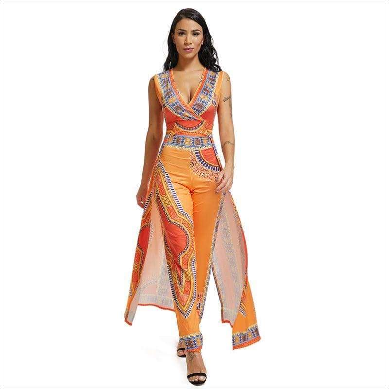 Ethnic Print Sleeveless V Neck Casual Jumpsuits - S / Orange