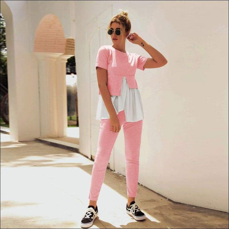 Fashion Round Collar Irregular Patchwork Top And Slim Pants 