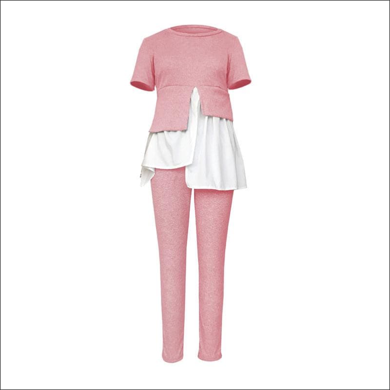 Fashion Round Collar Irregular Patchwork Top And Slim Pants 