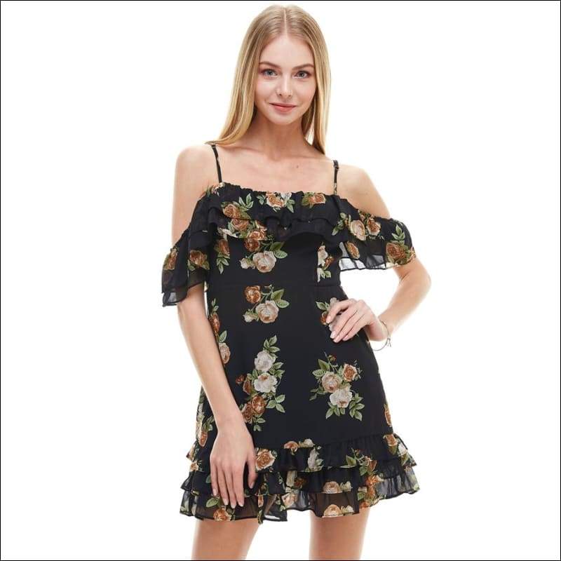 Floral Print Off Shoulder Ruffle Detail Dress - Women’s 