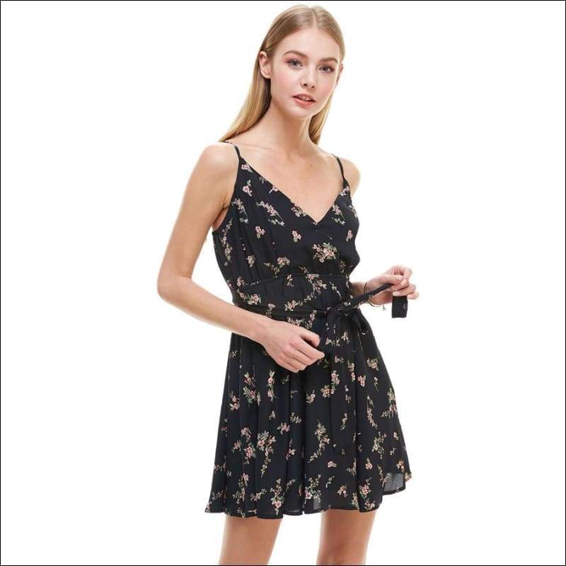 Floral Print Surplice Self Sash Skater Dress - Women’s 