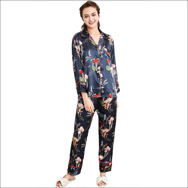 Floral Printed Leisure Wear Silk-like Pajamas Set - M / Grey