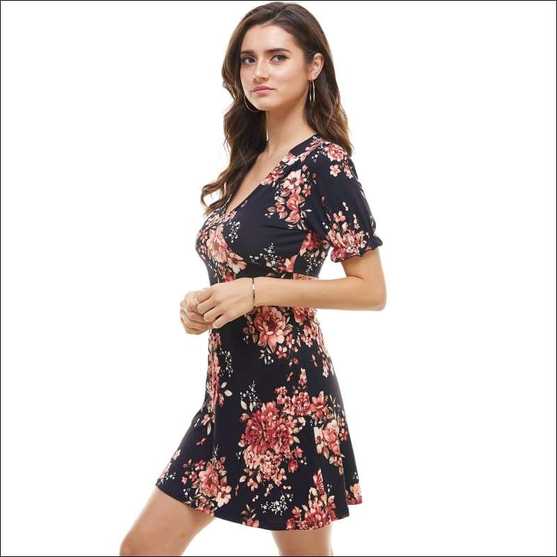 Floral V Neck Puff Sleeve Short Dress - Women’s Clothing
