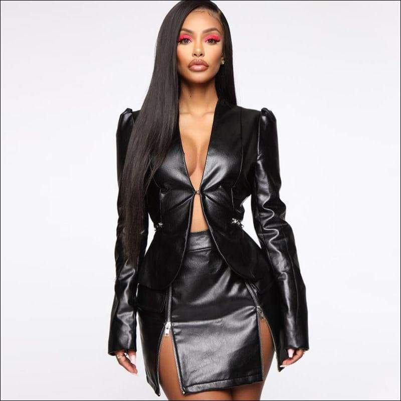 Flounced Figure Flattering Coat Metal Zipper Tight Skirt PU 