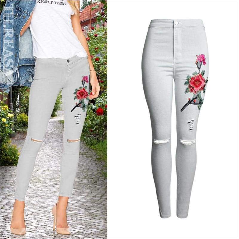 Flower Embroider Knee Ripped Grey Pencil Jeans - M / Grey - 