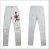 Flower Embroider Knee Ripped Grey Pencil Jeans