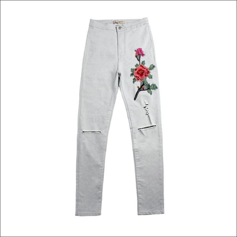 Flower Embroider Knee Ripped Grey Pencil Jeans - XS / Grey -