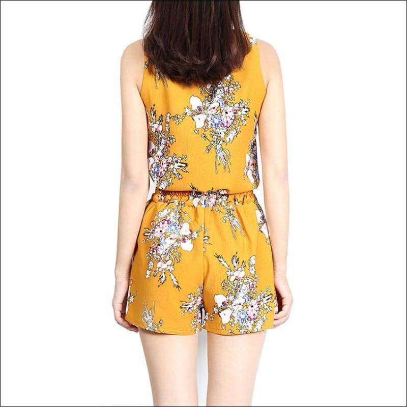 Flower Pattern Printed V-neck Camisole+Shorts Chiffon Suit -