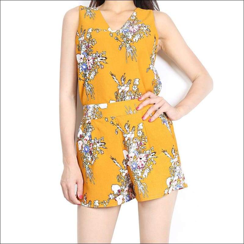 Flower Pattern Printed V-neck Camisole+Shorts Chiffon Suit -