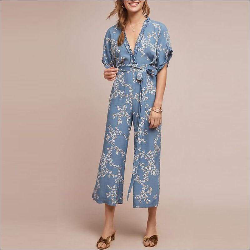 Flower Print V Neck Frilled Short-sleeve Vacation Jumpsuits 