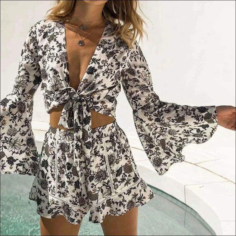 Flower Printed Flare Sleeve - M / White - Sets Co-ords
