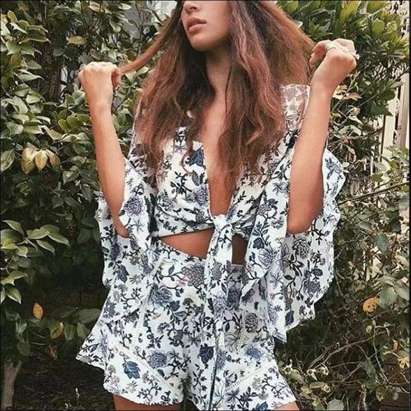 Flower Printed Flare Sleeve - S / White - Sets Co-ords
