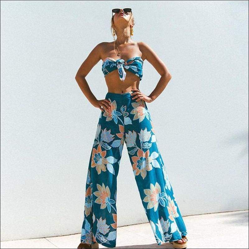 Flower Printed Knotted Crop Top Wide-leg Pants Set - S / 