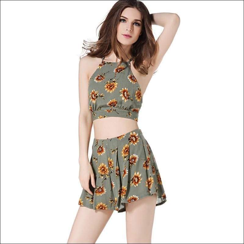 Flowers Printed Backless Strap Halter Tank Tops And Pleated 