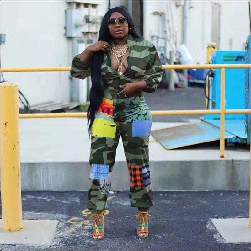 Graphic-Print Long-sleeve Zipper Jumpsuits - S / Camouflage 