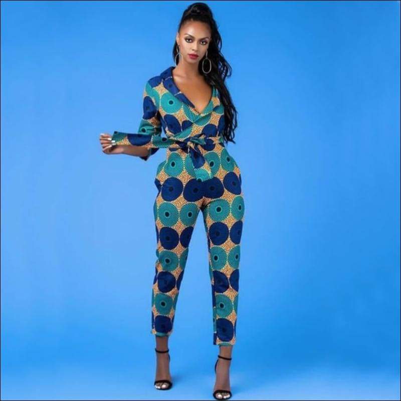 Graphic Print V-neck Moderate Sleeve Lace-up - Jumpsuits