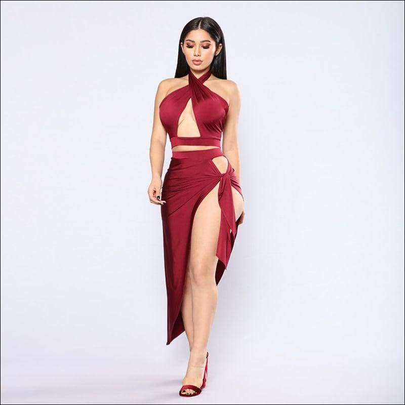 Halter Hollow Out Crop Top Side-slit Lace-up Skirt Set - S /