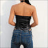 Halter Neck Lace-Up Sleeveless PU Bodysuits