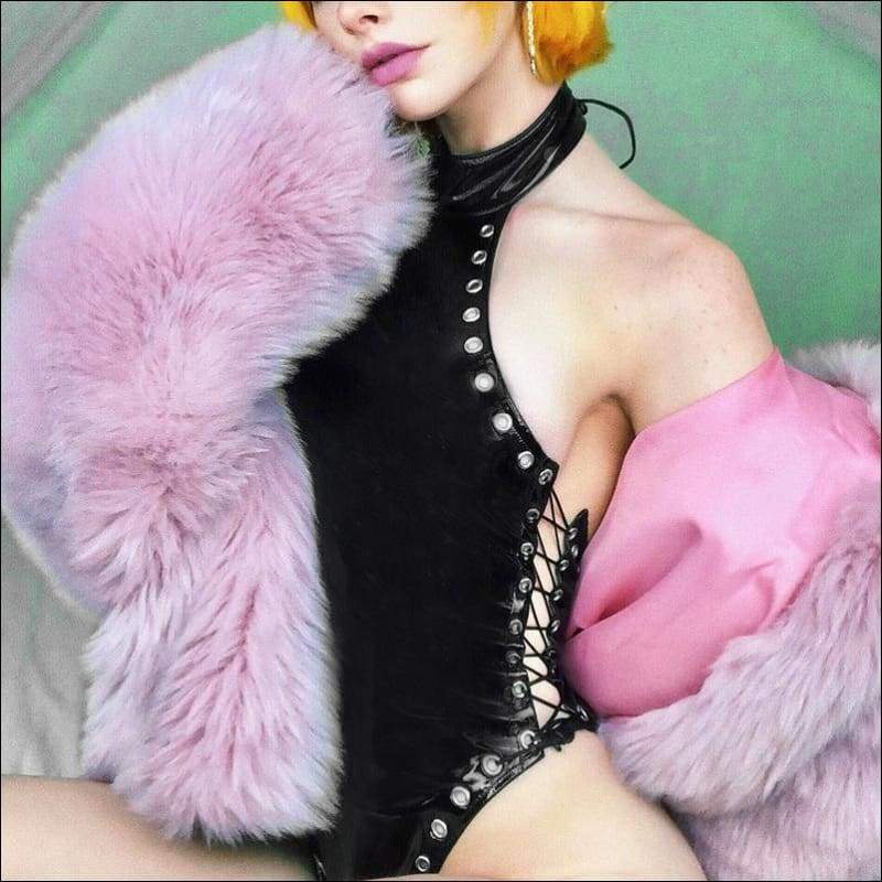 Halter Neck Lace-Up Sleeveless PU Bodysuits - XL / Black - 