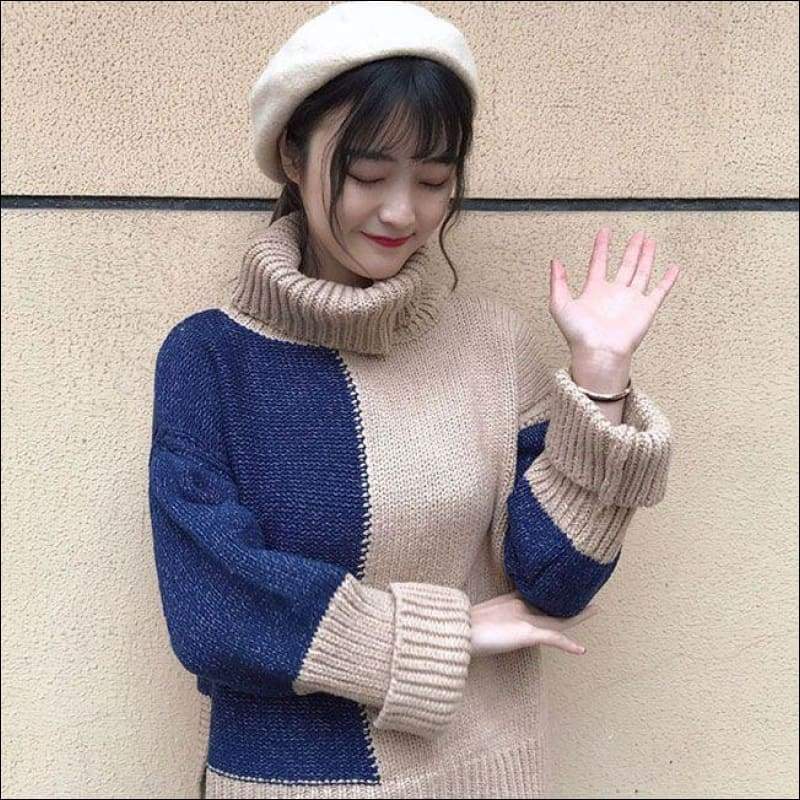 High-low Hemline Design Turtle-neck Sweater - F / Khaki - 