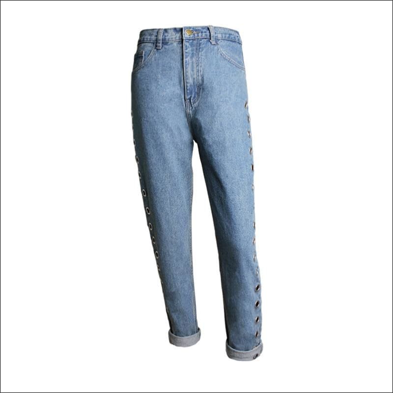 High Rise Loose Rivets Hollow Out Metal Eyed Jeans - S / 