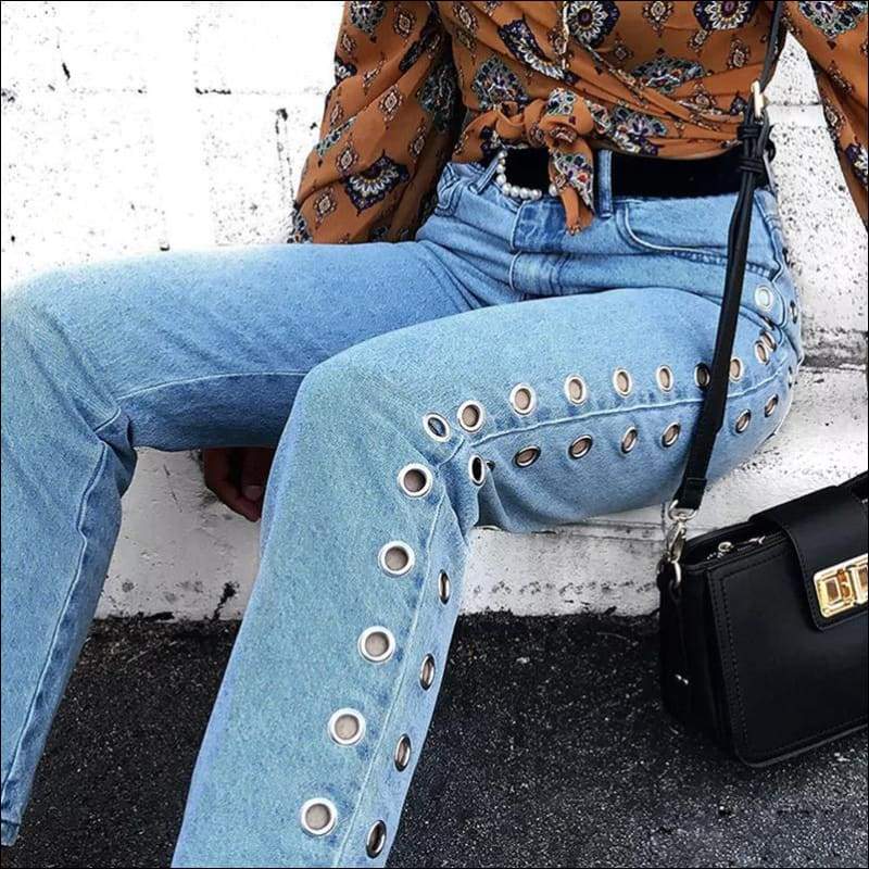 High Rise Loose Rivets Hollow Out Metal Eyed Jeans - XS / 